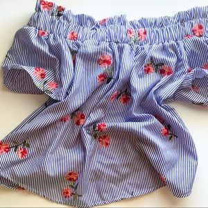 Off the Shoulder Floral and Striped Blouse